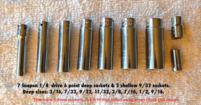 8 snapon 1/4 drive deep 6 point sockets with 2 bonus 9/32 shallow sockets