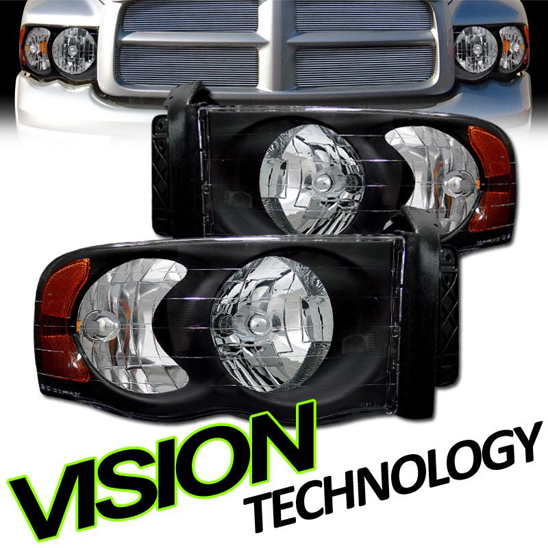 Pair 02/03-05 dodge ram pickup jdm blk housing headlights set w/ amber lh+rh l+r