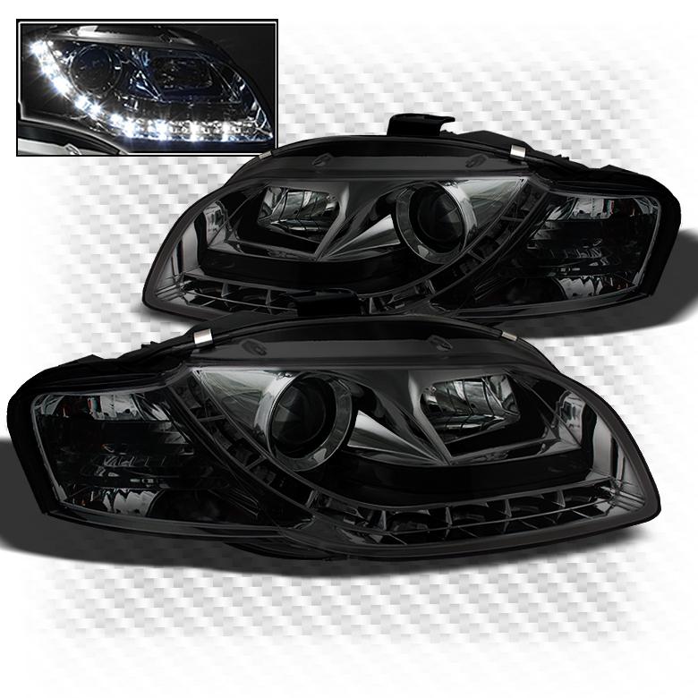 Smoked 06-08 audi a4 s4 drl r8 led projector headlights head light pair lamp set