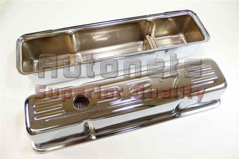 Chevy chrome small block 327 logo valve cover sbc 283 350 short oem chrome steel