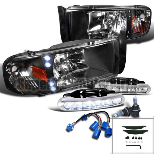 1999-2001 dodge ram sport package headlights black+led drl lamp+9004 bulbs