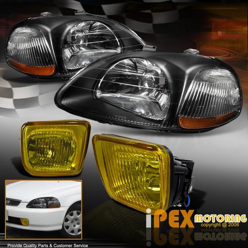 1996 - 1998 honda civic ek jdm type-r black headlights + yellow ​fog light lamps