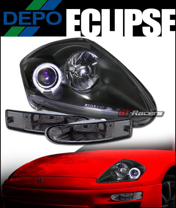 Blk halo projector head lights+depo signal bumper lamp sm 2000-2002 mits eclipse