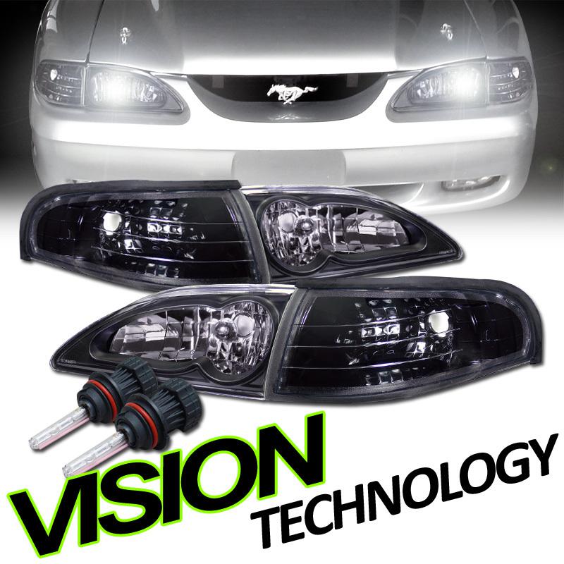 9007 bi-xenon high+low beam hid kit 94-98 mustang blk crystal head lights+corner