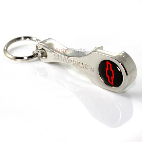 Chevy red bowtie logo chrome metal rod & bottle opener key chain ring fob 