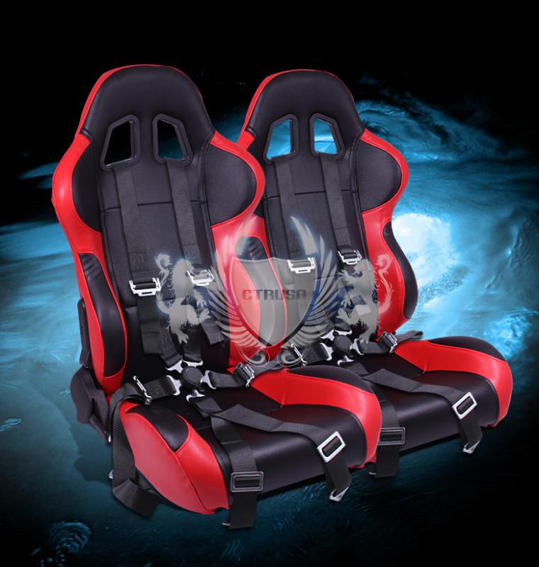 F1 2x black/red racing bucket seats reclinable + 6-pt belts camlock strap pair