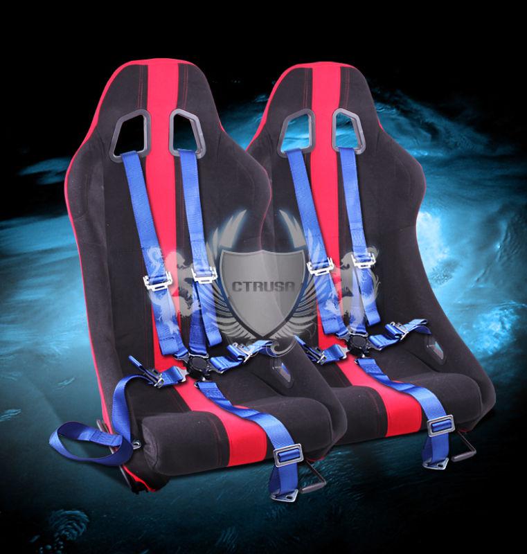 2x jdm f1 black/red stripe fabric racing seat w/sliders +5-pt blue camlock safty