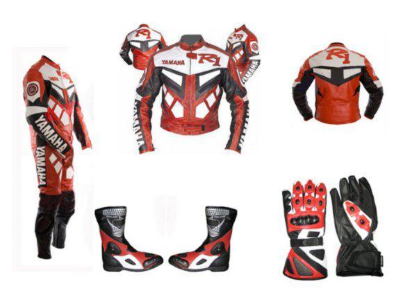 Yamaha r_r1-leather motorcycle/motorbike suit jacket trouser racer_boots_gloves