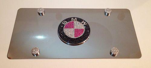 New bmw front mirror bling license plate frame made w swarovski crystals w caps