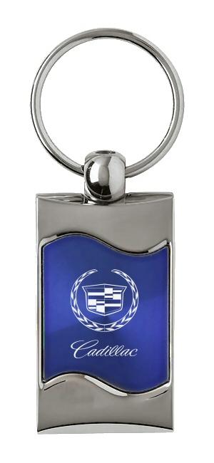 Cadillac blue rectangular wave metal key chain ring tag key fob logo lanyard