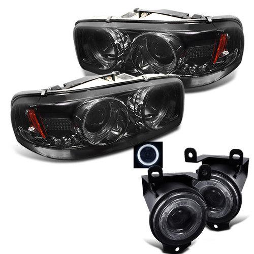 99-06 yukon sierra denali smoke projector headlights + halo projector fog lights