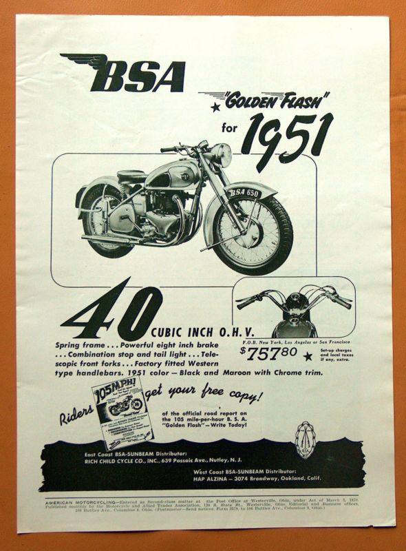 Lg104   two different 1951 bsa motorcycles ads: golden flash and star twin!