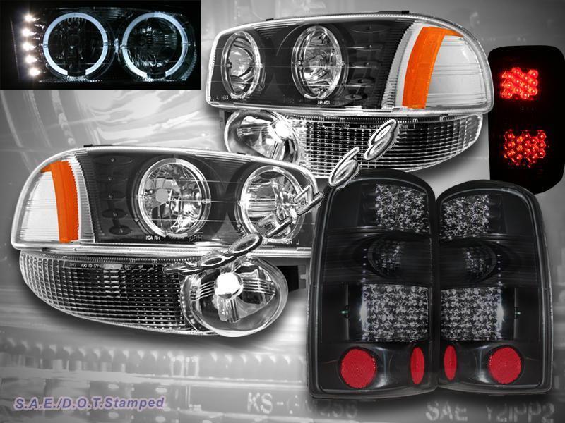 00-06 gmc yukon headlights halo led blk+ bumper+dark smoke tail lights denali xl