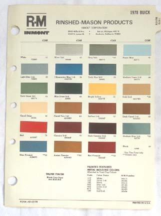 1978 buick  r-m  color paint chip chart all models original 