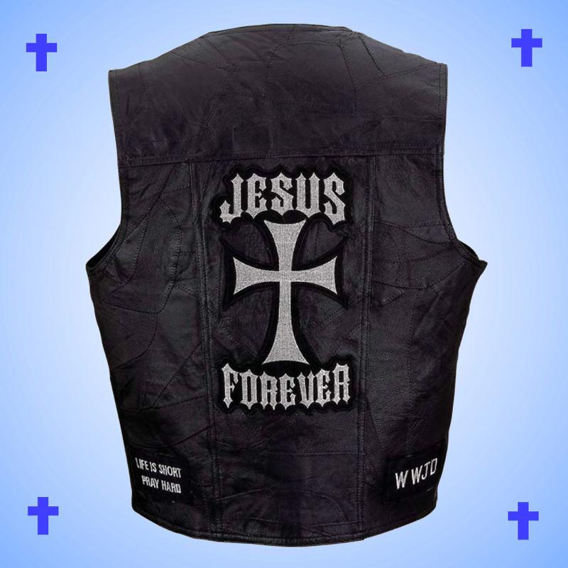 --christian theme--leather motorcycle biker vest-jesus forever-men's size 2x