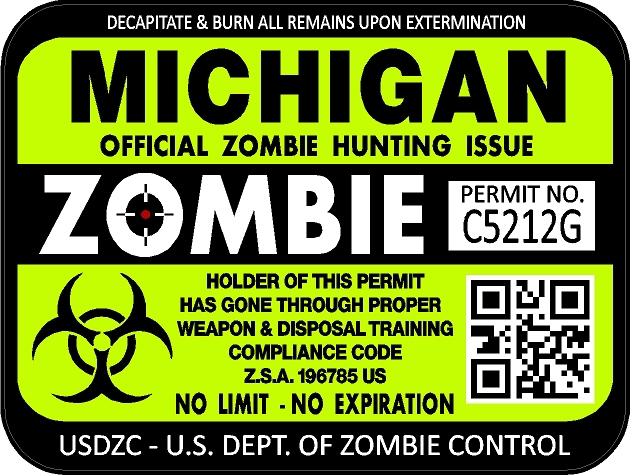 Michigan zombie hunting license permit 3"x4" decal sticker outbreak 1232