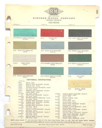 1952  buick r-m  color paint chip chart all models original 