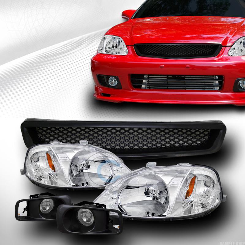 Chrome head lights amber dy+grill grille abs+fog lamps clear 99-00 civic ek ek9