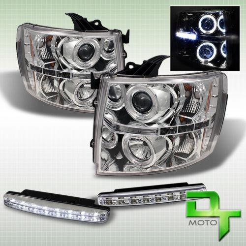 Drl led bumper fog + 07-13 chevy silverado dual halo chrome projector headlights