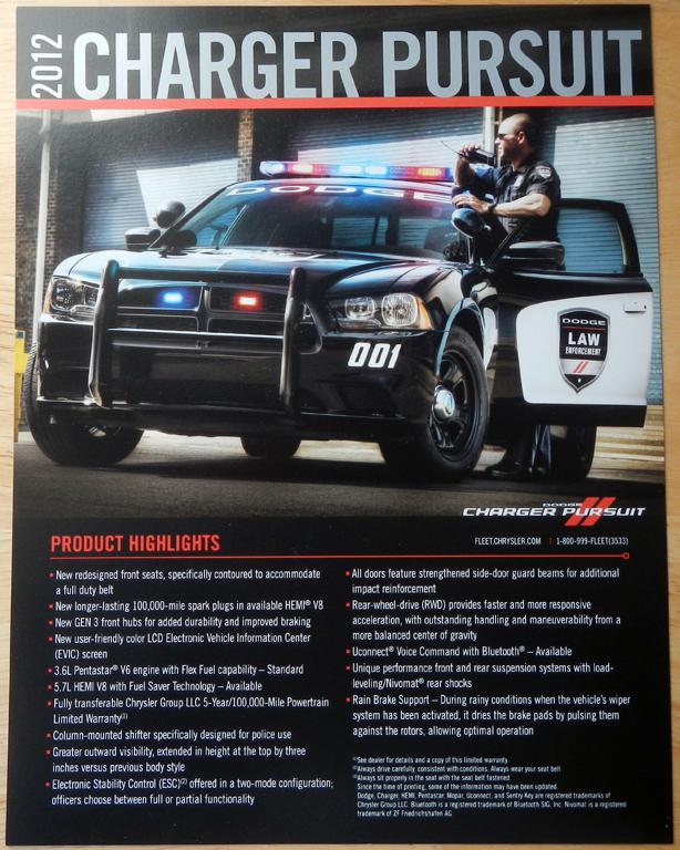 2012 dodge charger pursuit police vehicle single sheet brochure