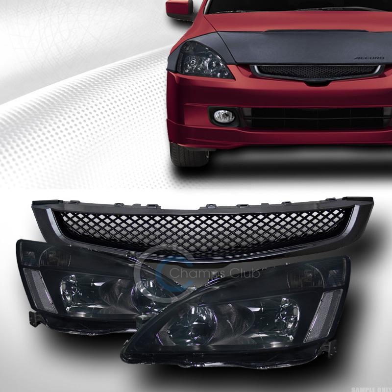 Smoke head light signal+t-r mesh front bumper grill grille b 03-05 accord 4d 4dr