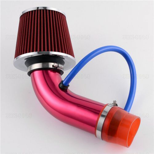 3&#034; universal short ram high flow air intake kit red pipe + red filter + clamp