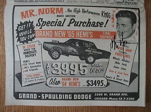 Original 1965 mr. norm/grand spaulding dodge ad/autographed/426 hemi coronet