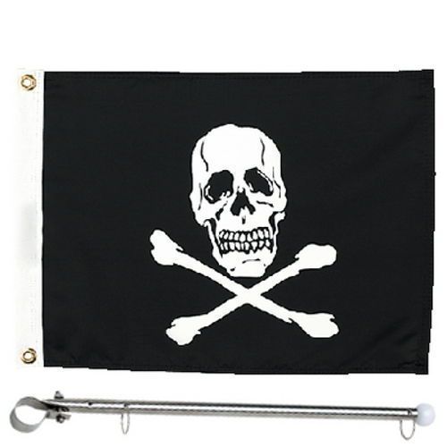 12 x 18 jolly roger / skull and crossbones pirate rail mount flag kit for boats