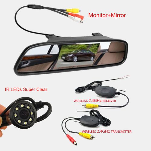 Wireless 2.4ghz car rear view system 4.3&#034; monitor mirror+ir leds backup camera