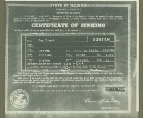 Rare 1934 pontiac sedan certificate of junking state issued document