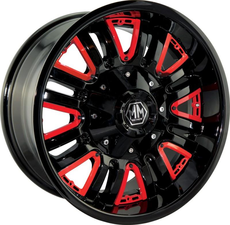 18x9 mayhem assault 8070 5,6,8 lug 4 new black wheels rims free caps lugs stems