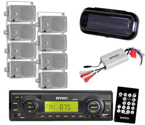 Ekmrb11 black boat usb radio w/amp-splash cover-remote &amp; 8 silver box speakers