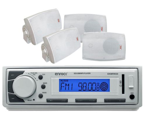 4 marine 4&#034; white 250w sealed speakers, marine enrock usb am fm aux mp3 receiver