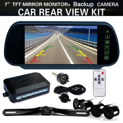 7&#034; monitor car rearview mirror ir backup camera 4 parking sensors radar 1x alarm