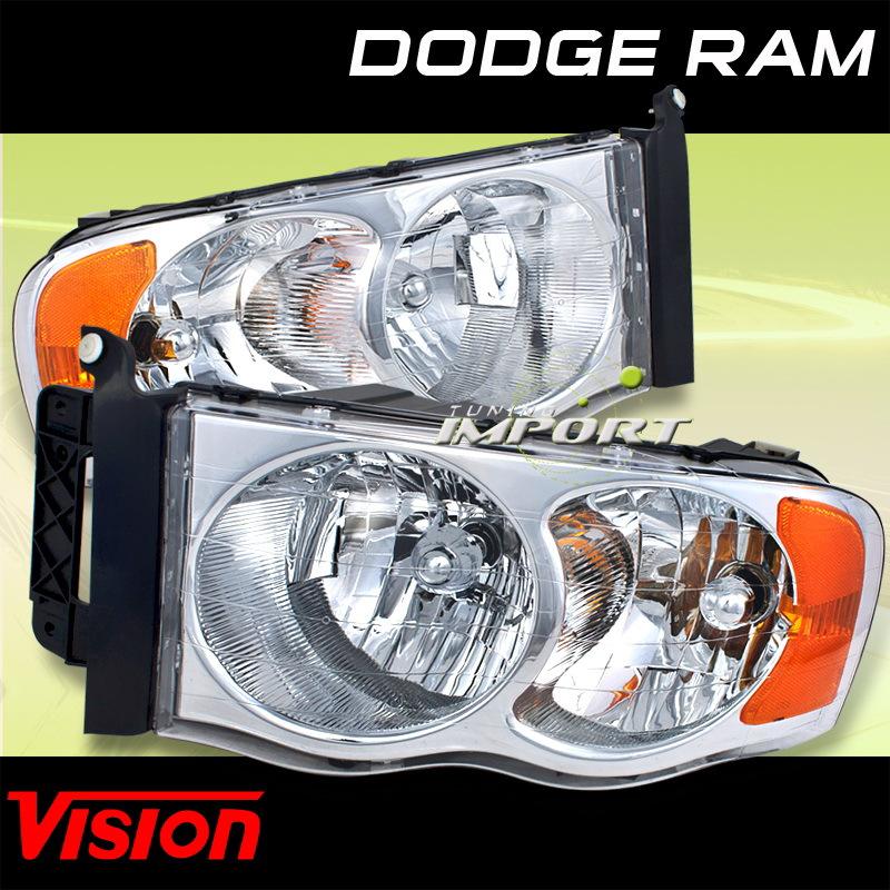 Dodge 02-05 ram 1500 vision left right pair headlights chrome w amber reflector 