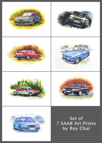 Nice set of 7 saab car art prints, reproduction prints of paintings by roy chui