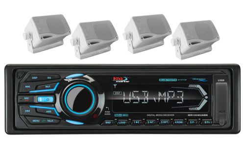 Boss usb ipod aux bluetooth am fm marine radio&amp; 4 3.5&#034; white box marine speakers