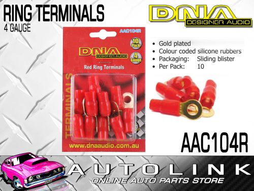 Dna aac104r 4ga ring terminals gold plated red with rubber insulators 10 pack