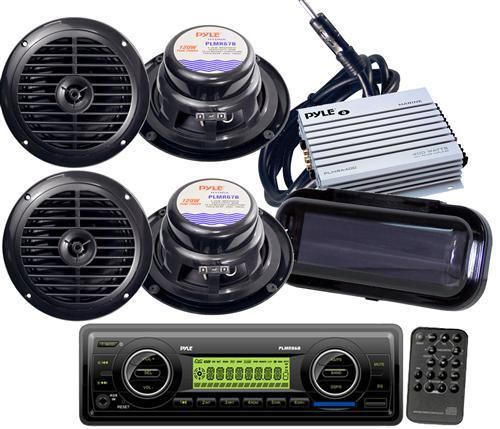 New pyle plmr86b marine boat stereo mp3 radio 4 pyle speakers + 400w amp &amp; cover