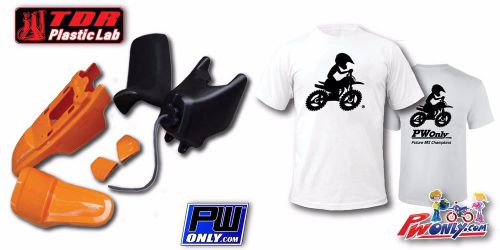 Pw50 pw 50 yamaha orange fender plastic kit, black seat &amp; tank, free pw t shirt