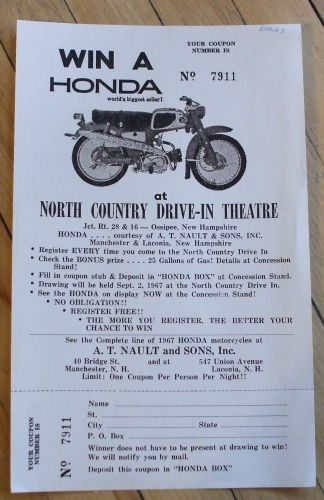 1967 honda motorcycle raffle ticket from nault&#039;s honda new hampshire unused