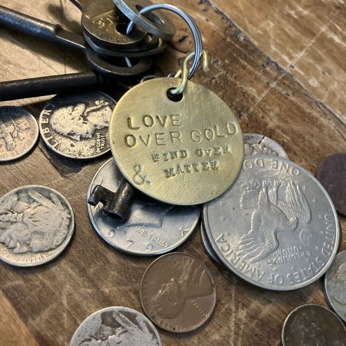 Dire straits keychain key ring fob solid brass “love over gold mind over matter”