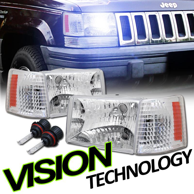 9004 bi-xenon hid 93-98 grand cherokee chrome headlights+corner lights w/ amber