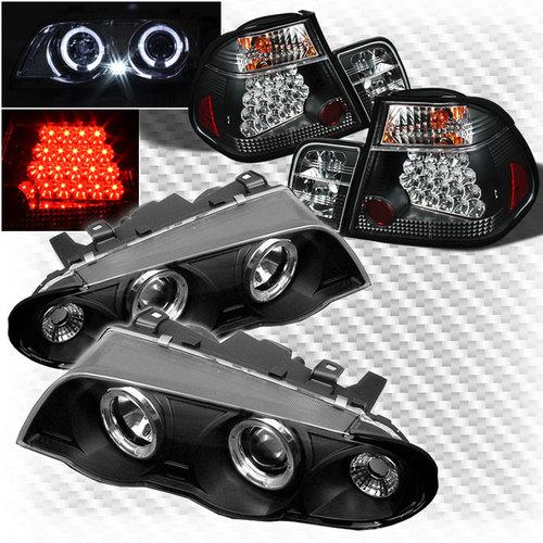 99-01 bmw e46 3-series 4 dr twin halo projector headlights+led tail head lights