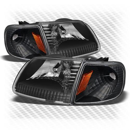 97-99 ford f150 f250 light duty black headlights+corner lamp pair set left+right