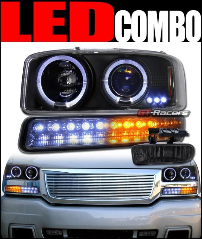 Black halo projector head lights+led signal bumper+fog sm 1999-2006 sierra yukon