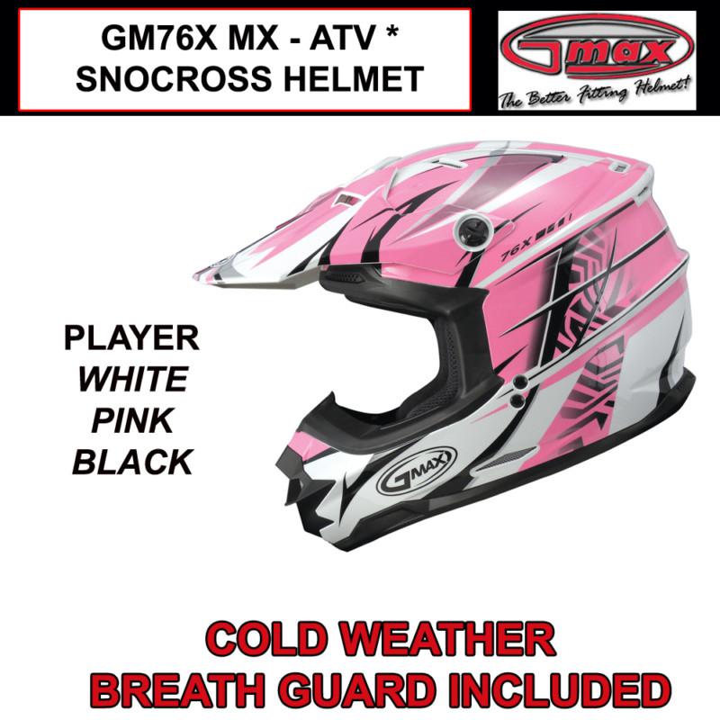 Gmax gm76x 2013 mx atv snocross helmet player pink /white (s,m,l,xl,2x,3x) nib