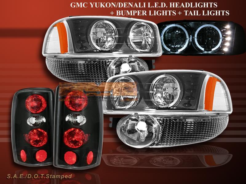 00-06 gmc yukon xl denali blk headlights led halo + bumper + altezza tail lights