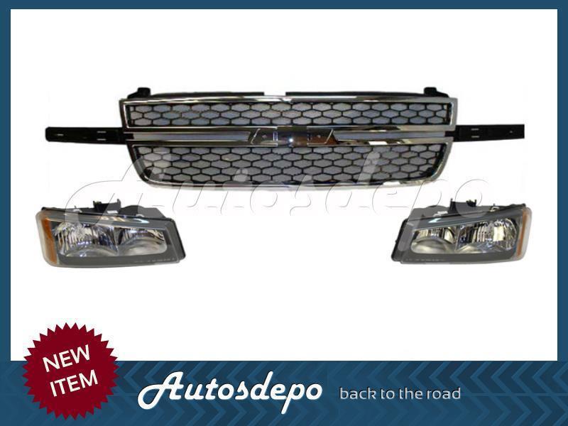 06-07 silverado 1500 / 05-07 2500 3500 grille chrome frame headlight w/bulb 3pcs