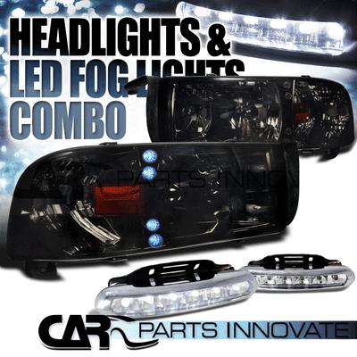 94-01 dodge ram 1500 2500 3500 crystal smoke tinted headlights+6-led fog lamps